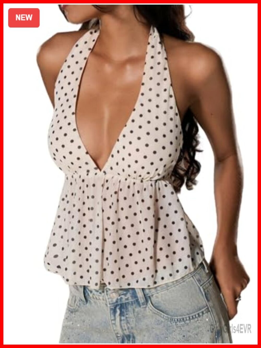 Polka Dot Tie Back Halter Top V Neck Ruffle Hem Sheer Crop Top